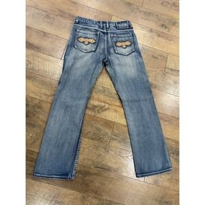 Vintage Y2k Helix Bootcut Jeans Embroidered Pocket 34x33 Blue Denim